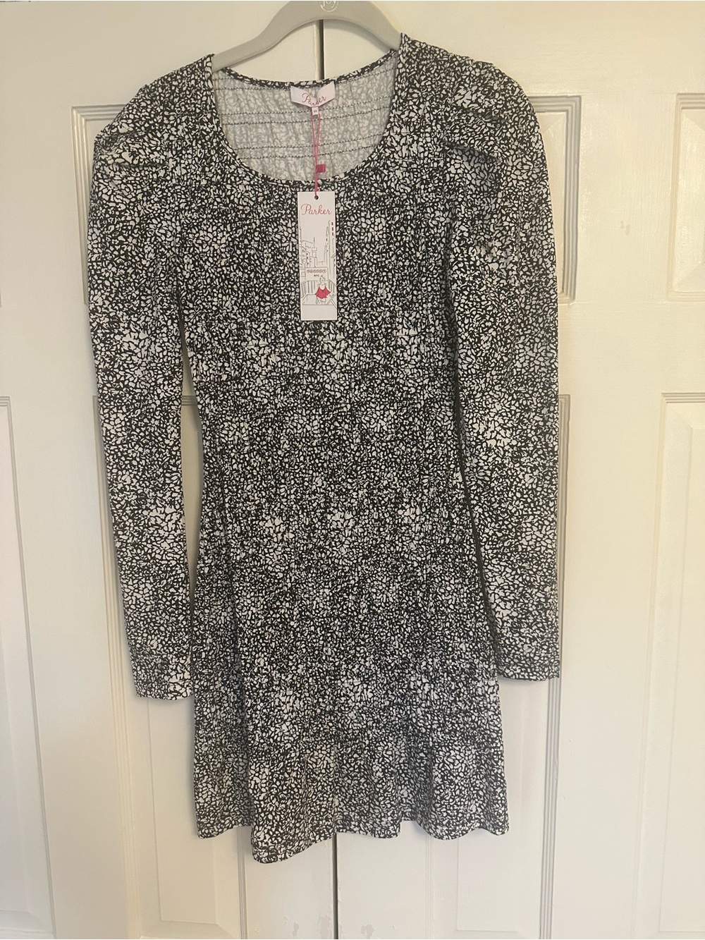 Parker Black & White Smocked Floral Long Sleeve Mini Dress BNWT